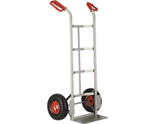 Cărucior cu platformă Cargo Point Basis max. 150kg, H 1130mm, din oțel zincat Cărucior saci din metal cu mânere și anvelope roșii