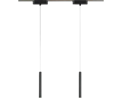 Două lămpi suspendate negre pe o șină