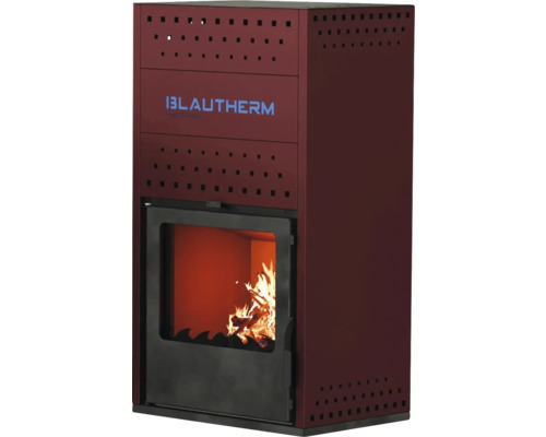 Termoșemineu pe lemne, brichete Blautherm Hidro 20, 18 kW, 4,93 kg/h, roșu Șemineu cu flăcări și logo Blautherm