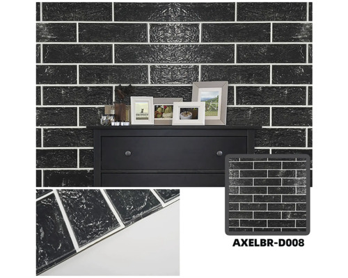 Panouri de perete cu design de cărămidă și culoare închisă în spatele comodei