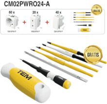 PACHET PROMO TEM Modul 60x priză cu împământare, 40x întrerupător simplu, 20x priză Euro, creion fază & șurubelniță cu cap interschimbabil