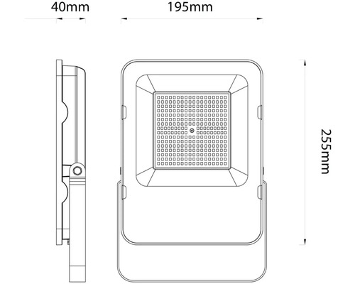Desen tehnic al unui reflector LED cu dimensiunile de 40 mm, 195 mm și 255 mm.