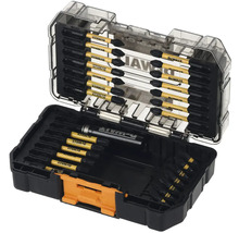 Set de biți DeWalt cu diferite vârfuri de șurubelniță într-o cutie de plastic neagră