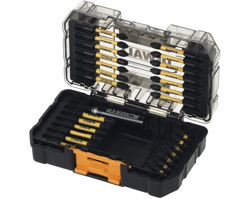 Set de biți DeWalt cu diferite vârfuri de șurubelniță într-o cutie de plastic neagră