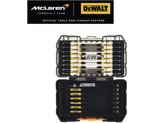 Set de biți DeWalt în cutie deschisă cu logo-ul echipei McLaren Formula 1