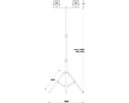 Schiță a unui proiector de lucru cu trepied și dimensiuni