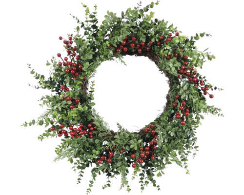 Coroană decorativă de ușă cu fructe de pădure și plante