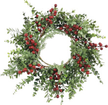 Coroană decorativă cu frunze verzi și fructe de pădure roșii