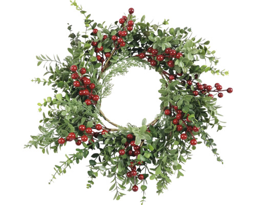 Coroană decorativă cu frunze verzi și fructe de pădure roșii