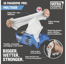 Șervețele de curățare Ultragrime Pro în format XXL, 38x25 cm, pentru diverse aplicații, îndepărtează grăsimea, vopseaua, siliconul, spuma și adezivul.