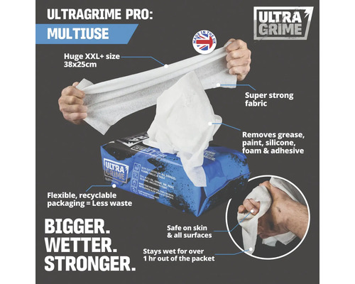 Șervețele de curățare Ultragrime Pro în format XXL, 38x25 cm, pentru diverse aplicații, îndepărtează grăsimea, vopseaua, siliconul, spuma și adezivul.