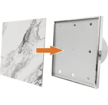 Este ilustrat un ventilator de evacuare cu aspect de marmură și o ramă cromată pătrată.