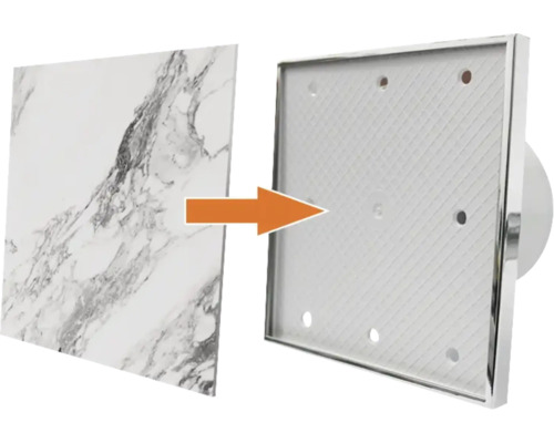 Este ilustrat un ventilator de evacuare cu aspect de marmură și o ramă cromată pătrată.
