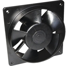 Ventilator axial negru cu cadru pătrat și mai multe pale de ventilator