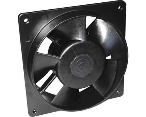 Ventilator axial negru cu cadru pătrat și mai multe pale de ventilator