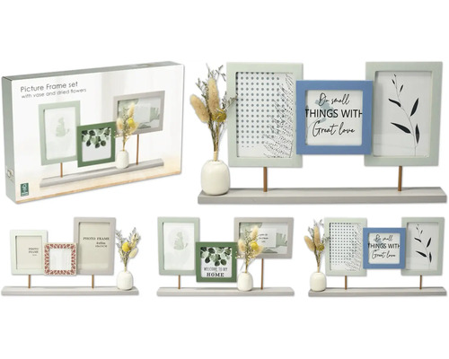 Set decorativ de rame foto cu trei rame, vază și flori uscate pe un raft