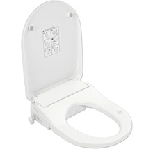 Scaun WC cu duș alb, cu capacul deschis.