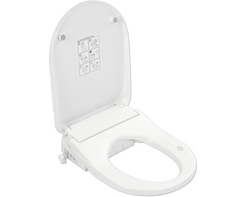 Scaun WC cu duș alb, cu capacul deschis.