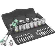 Set de scule cu clichet, chei tubulare și biți în etui textil