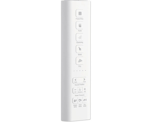 Telecomandă bideu cu butoane pentru pornire, curățare automată, funcție bideu, uscare, poziția duzei, presiunea apei și temperatura