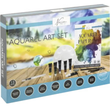 Set complet de acuarele cu vopsele, bloc de hârtie, pensule, gumă de șters modelabilă și paletă de amestec