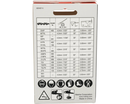 Informații despre specificațiile lanțului de ferăstrău și instrucțiuni de siguranță pe ambalaj.