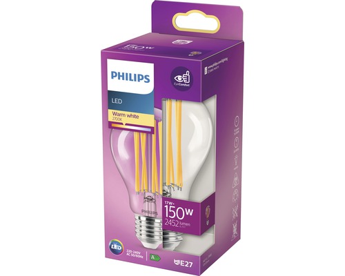 Bec LED Philips, alb cald, 17 wați, soclu E27 în ambalajul produsului