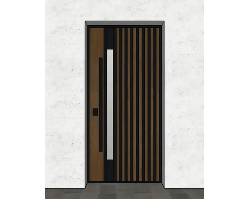 Ușă de intrare modernă cu panou din lemn, mâner și lamele verticale