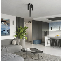 Living modern cu canapea, masă, plantă și lampă de tavan