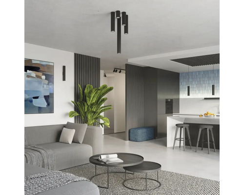 Living modern cu canapea, masă, plantă și lampă de tavan