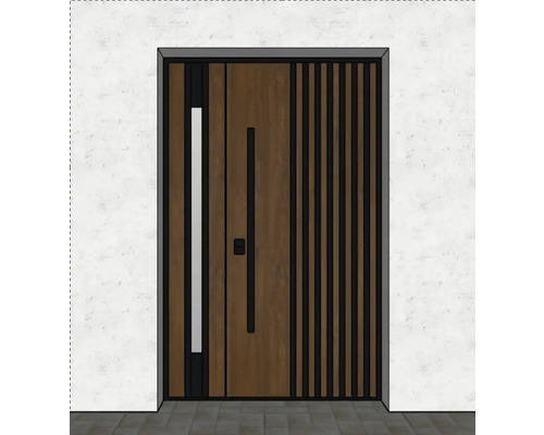 Ușă de intrare modernă cu structură din lemn și elemente decorative verticale