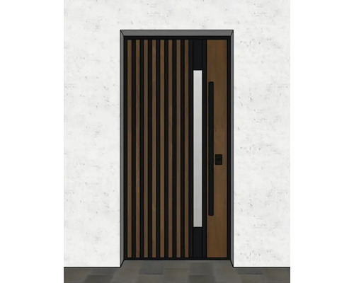 Ușă de intrare modernă cu design lamelar și mâner vertical