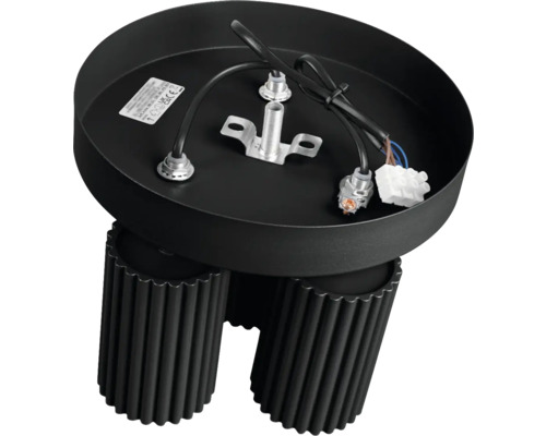 Vedere interioară a unei lămpi de tavan negre cu cabluri și material de fixare