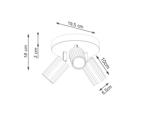 Desen tehnic al unei lămpi de tavan cu trei reflectoare și indicații de dimensiuni.