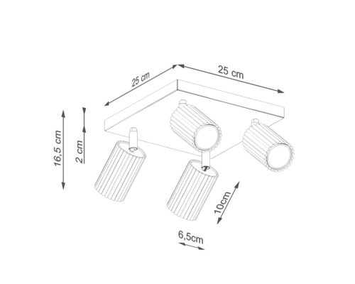 Desen tehnic al unei lămpi de tavan cu trei spoturi și indicații de dimensiuni