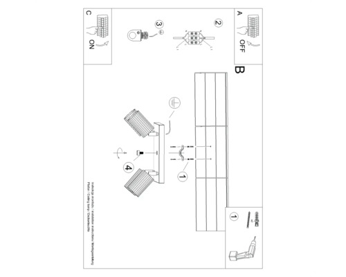 Instrucțiuni de montaj pentru o lampă de tavan cu mai multe spoturi, șuruburi și material de fixare