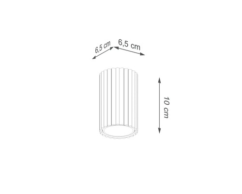 Desen tehnic al unei lămpi de tavan cu dimensiunile de 6,5 pe 6,5 centimetri și o înălțime de 10 centimetri.