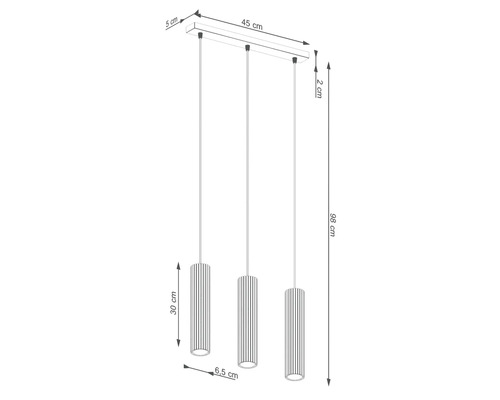 Desen tehnic al unei lămpi suspendate cu trei becuri, dimensiuni și suspensie