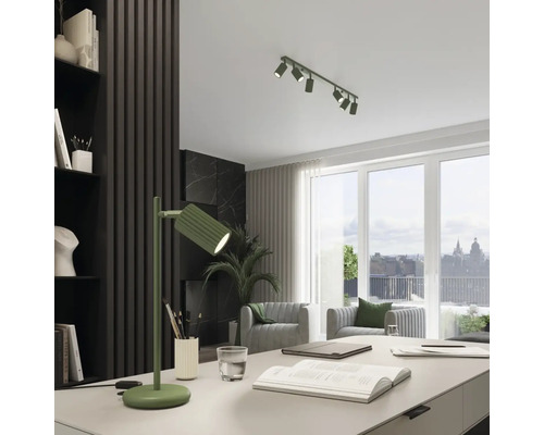 Birou luminos cu birou, lampă de birou, bibliotecă, lampă de tavan și fațadă de sticlă