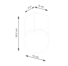 Desen tehnic al unei lămpi de perete cu dimensiunile 18,5 cm înălțime, 8 cm lățime și 12 cm diametru.