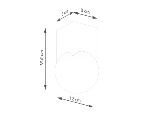 Desen tehnic al unei lămpi de perete cu dimensiunile 18,5 cm înălțime, 8 cm lățime și 12 cm diametru.