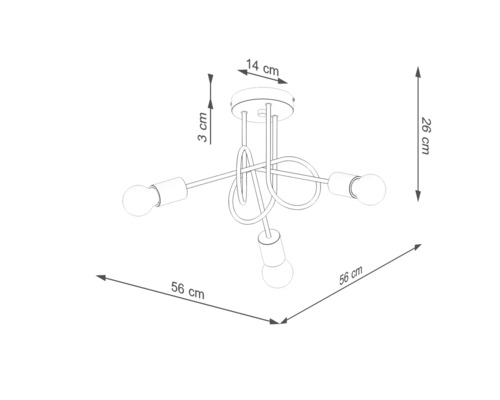 Desen tehnic al unei lămpi de tavan cu patru becuri și dimensiuni