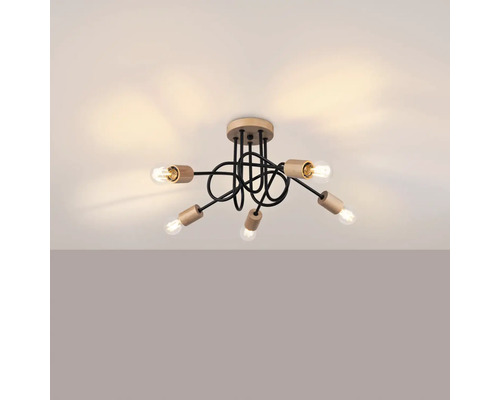 Lumină de plafon cu cinci brațe din lemn și metal