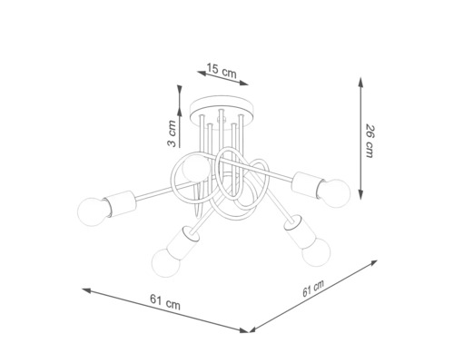 Desen tehnic al unei lămpi de tavan cu cinci brațe de iluminat și dimensiuni