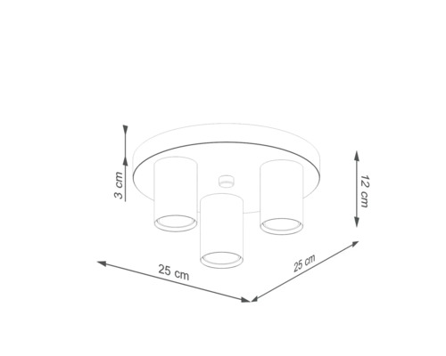 Desen tehnic al unei lămpi de tavan cu trei spoturi și dimensiuni