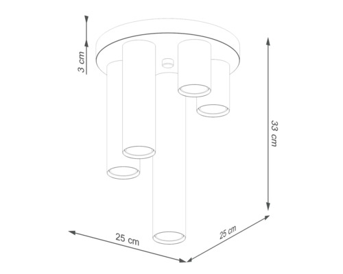 Desen tehnic al unei lămpi de tavan cu cinci spoturi cilindrice și indicații de măsurare