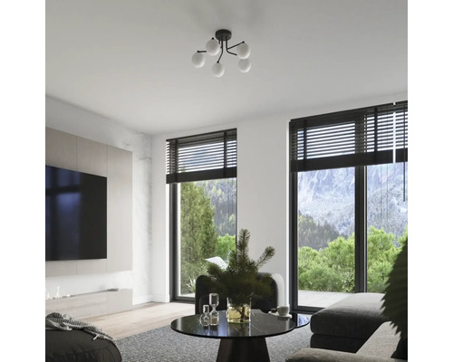 Living modern cu plafonieră, ferestre și jaluzele.