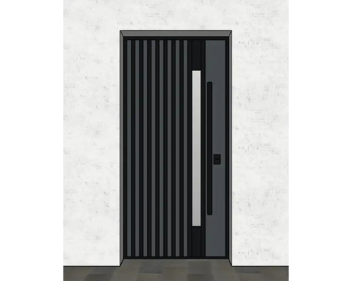 Ușă de intrare modernă cu lamele verticale și mâner drept
