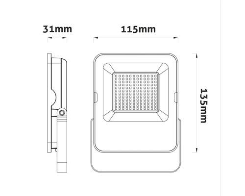Desen tehnic al unui proiector LED cu dimensiunile de 31 mm, 115 mm și 135 mm.