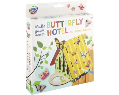 Set de bricolaj hotel pentru fluturi Moxy, inclusiv șase vopsele și o pensulă